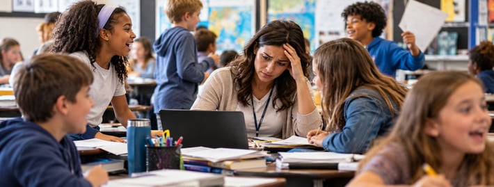 Overwhelmed Teacher in a Bustling Classroom